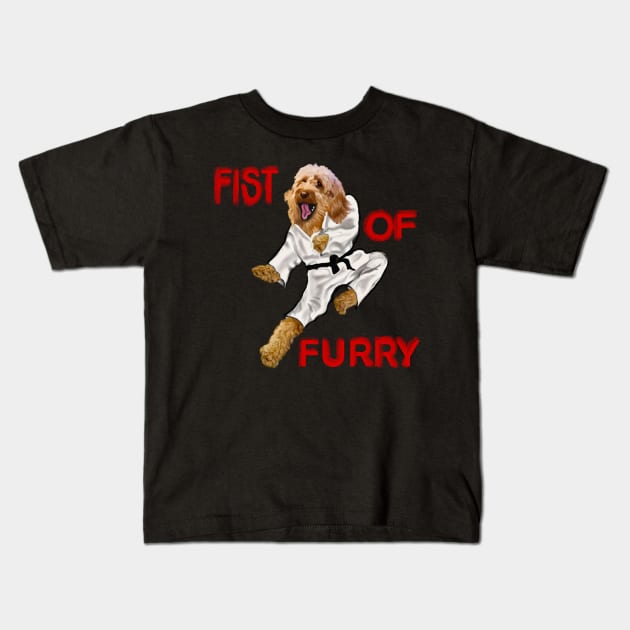 Cavapoo Fists of furry starring Kong fu Cava - Karate - martial arts Cavapoo Cavoodle puppy dog  - cavalier king charles spaniel poodle, puppy love Kids T-Shirt by Artonmytee